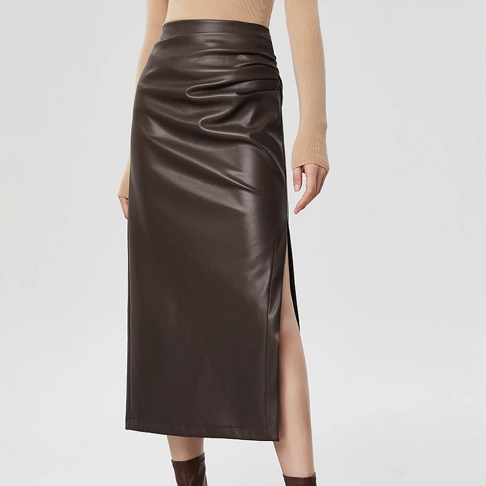 NWT REVOLVE & LUXURY lovers COMMENSE vegan leather midi skirt brown S